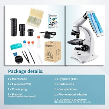 2000X Optisches Mikroskop, Metallkörper, 2 WF-Okulare, Dual-Luminator-System, EU-Stecker, Komplettes Zubehör für Kinder, Studenten, Anfänger - 5