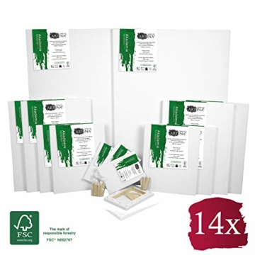 Artina FSC® Keilrahmen 14er Set Akademie - 50x70, 30x40 cm, 24x30, 13x18 cm Leinwand Set - 100% Baumwolle 280g/m² - 1