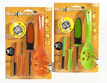 Brauns Heitmann 7008 14-teiliges Deluxe Kürbis Schnitzset mit LED-Licht, Löffel, 2 Messer, Stift, 9 Vorlagen, grün / orange - 