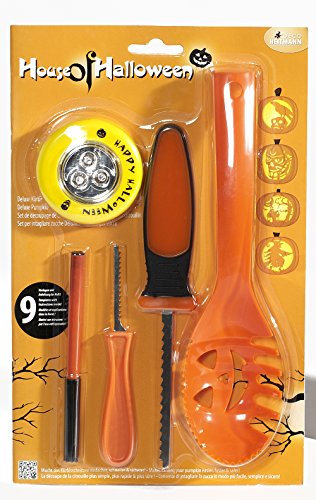 Brauns Heitmann 7008 14-teiliges Deluxe Kürbis Schnitzset mit LED-Licht, Löffel, 2 Messer, Stift, 9 Vorlagen, grün / orange -