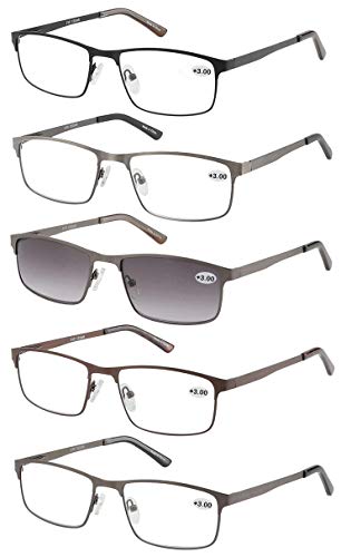 EYECEDAR Amcedar 5 Stuks Lesebrille Herren Rechteck Rahmen Edelstahl Material Metall Federscharniere Enthalten Sonne Lesebrille +1.50 - 1