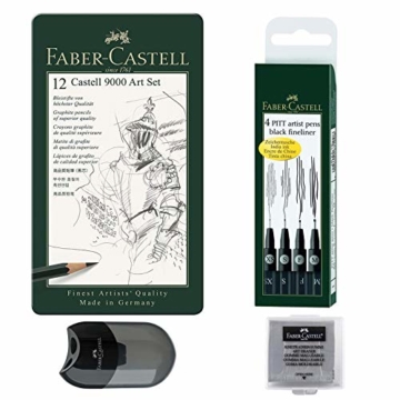 Faber-Castell Bleistift Castell 9000 12er Art Set | 4er Tuschestifte + Knetradierer + Anspitzer - 1