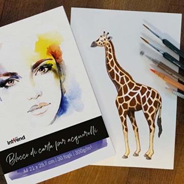 int!rend Aquarellpapier, 300 g, DIN A4, 30 Blatt, Weiß, geleimt, Aquarellblock, Watercolour Paper Pad, inklusive zwei Pinsel, Malblock Papier für Aquarell, Zeichnen, Malen - 7