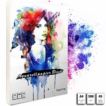 lunera premium Aquarellpapier 300g DIN A4 mit 45 Blatt naturweiß kaltgepresst I Aquarellblock perfekt für Aquarell, Zeichnen, Malen, Mischtechniken und Brush Lettering - 1