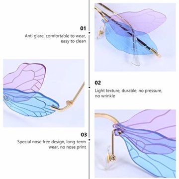 LUOEM Randlose Sonnenbrille Libellenflügel Unregelmäßige Neuheit Flügel Partybrille Blau Lila Unisex Mode Sonnenbrille Party Maskerade Karneval Musikfestival Kostüm Zubehör Foto Requisiten - 4