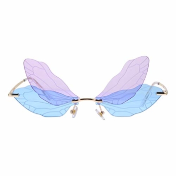 LUOEM Randlose Sonnenbrille Libellenflügel Unregelmäßige Neuheit Flügel Partybrille Blau Lila Unisex Mode Sonnenbrille Party Maskerade Karneval Musikfestival Kostüm Zubehör Foto Requisiten - 1