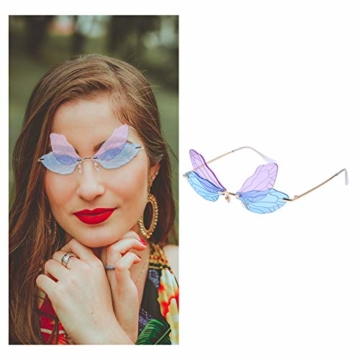 LUOEM Randlose Sonnenbrille Libellenflügel Unregelmäßige Neuheit Flügel Partybrille Blau Lila Unisex Mode Sonnenbrille Party Maskerade Karneval Musikfestival Kostüm Zubehör Foto Requisiten - 9