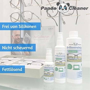 PANDACLEANER Brillenreiniger | Handliche 50ml Pumpflasche + 250ml Nachfüllflasche | ohne Alkohol | Streifenfreie Reinigung und Anti-Beschlag-Formel | Für Brillen, Displays, Monitore, Visiere uvm. - 3