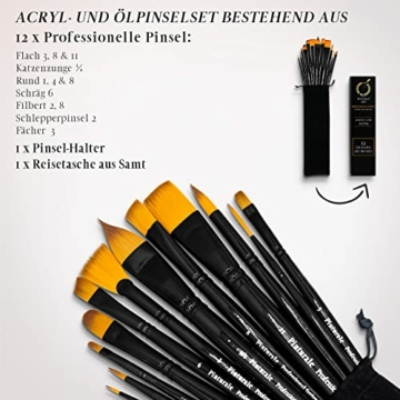 Pinturale Pinselset Acrylfarben für Profis | Acrylic & Oil Masters | 12-Teiliges Pinsel Set für Acrylfarben und Öl | Pinsel Acrylfarbe, Acryl Pinsel, Ölpinsel, Pinselset Malen, Künstlerpinsel Schwarz - 2