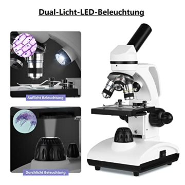 Slevoo Mikroskop für Kinder Studenten Anfänger 40X-1000X Kinder Mikroskop Auf- und Durchlicht Mikroskop mit WF10x WF25x Okular & LED Beleuchtung, Studentenmikroskop Junior Mikroskop mit Objektträger - 4